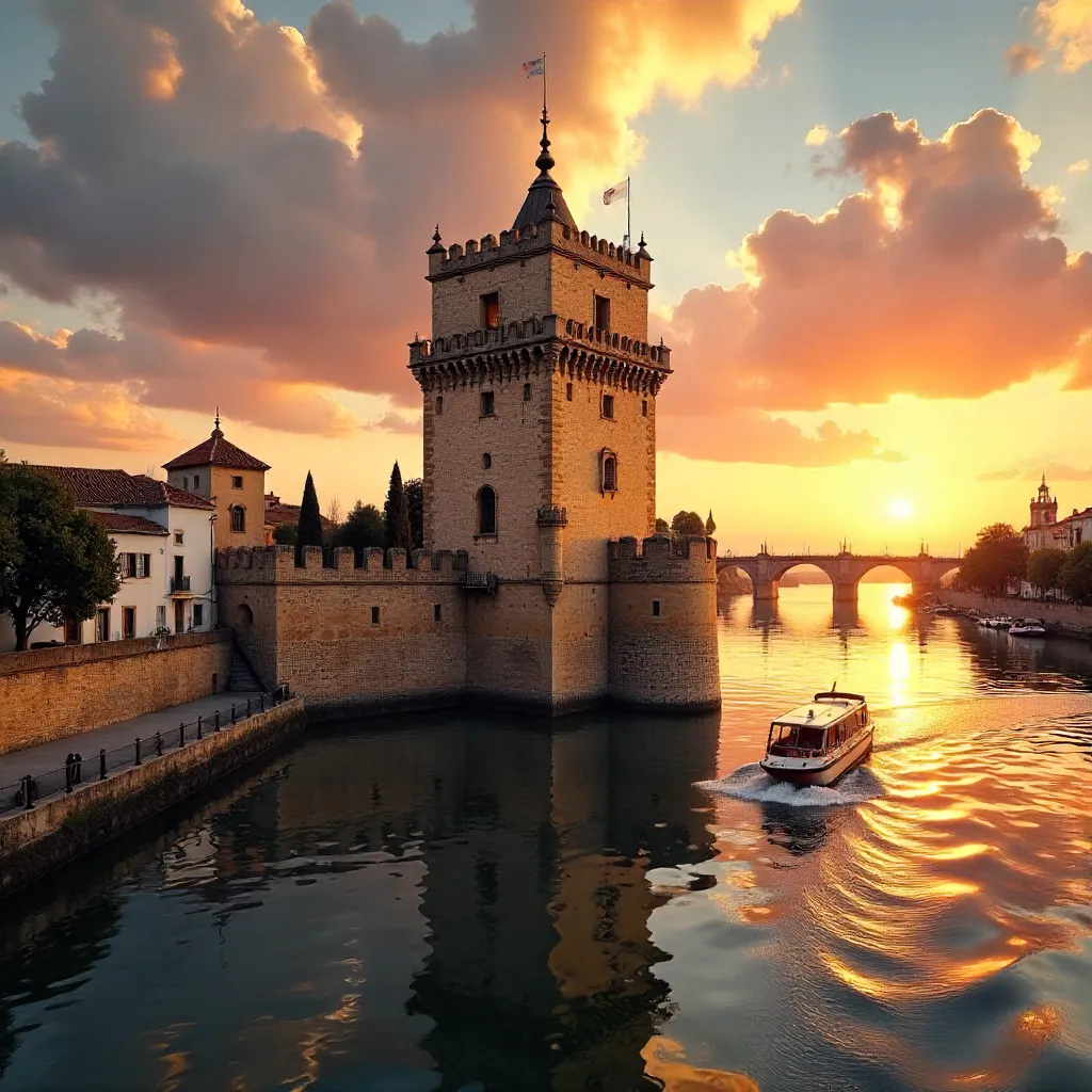 Golden Torre del Oro by Guadalquivir at Sunset