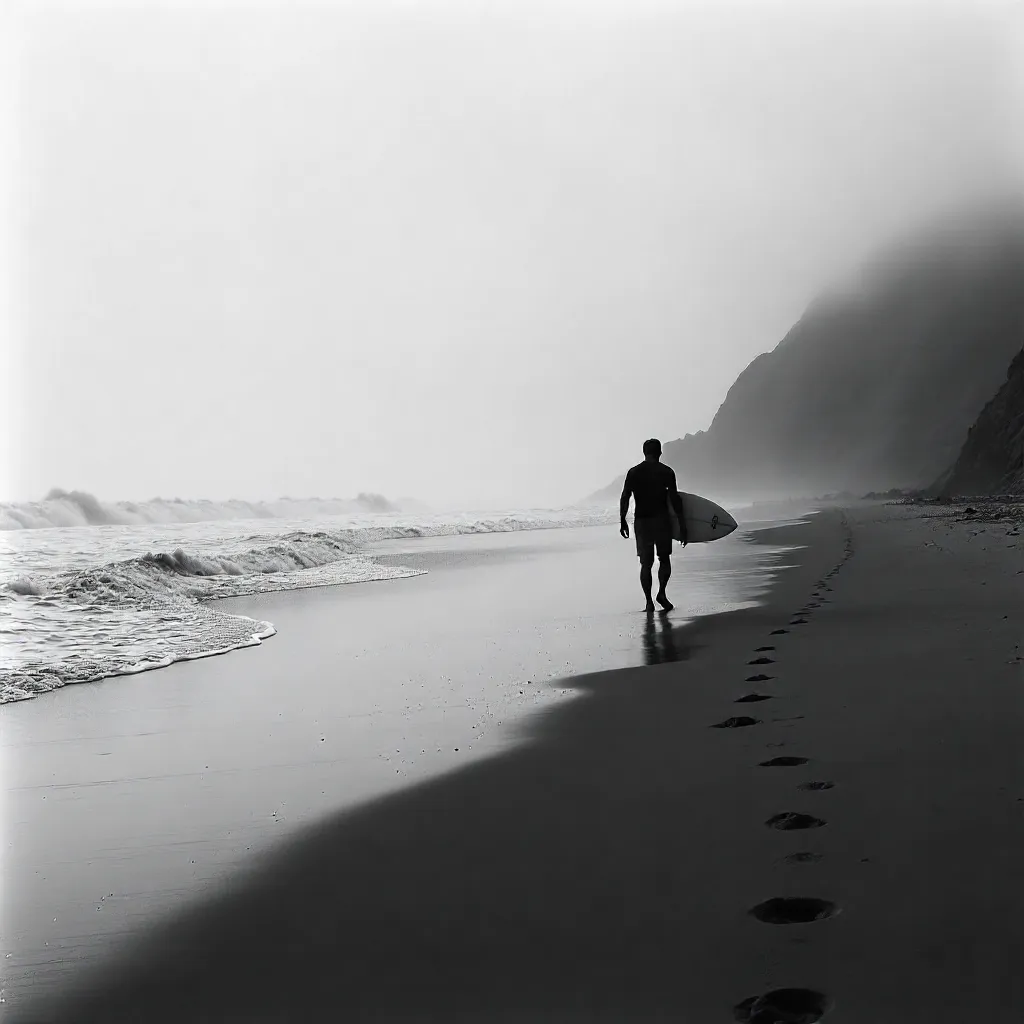 Foggy Black-and-White Surfer on the Shore