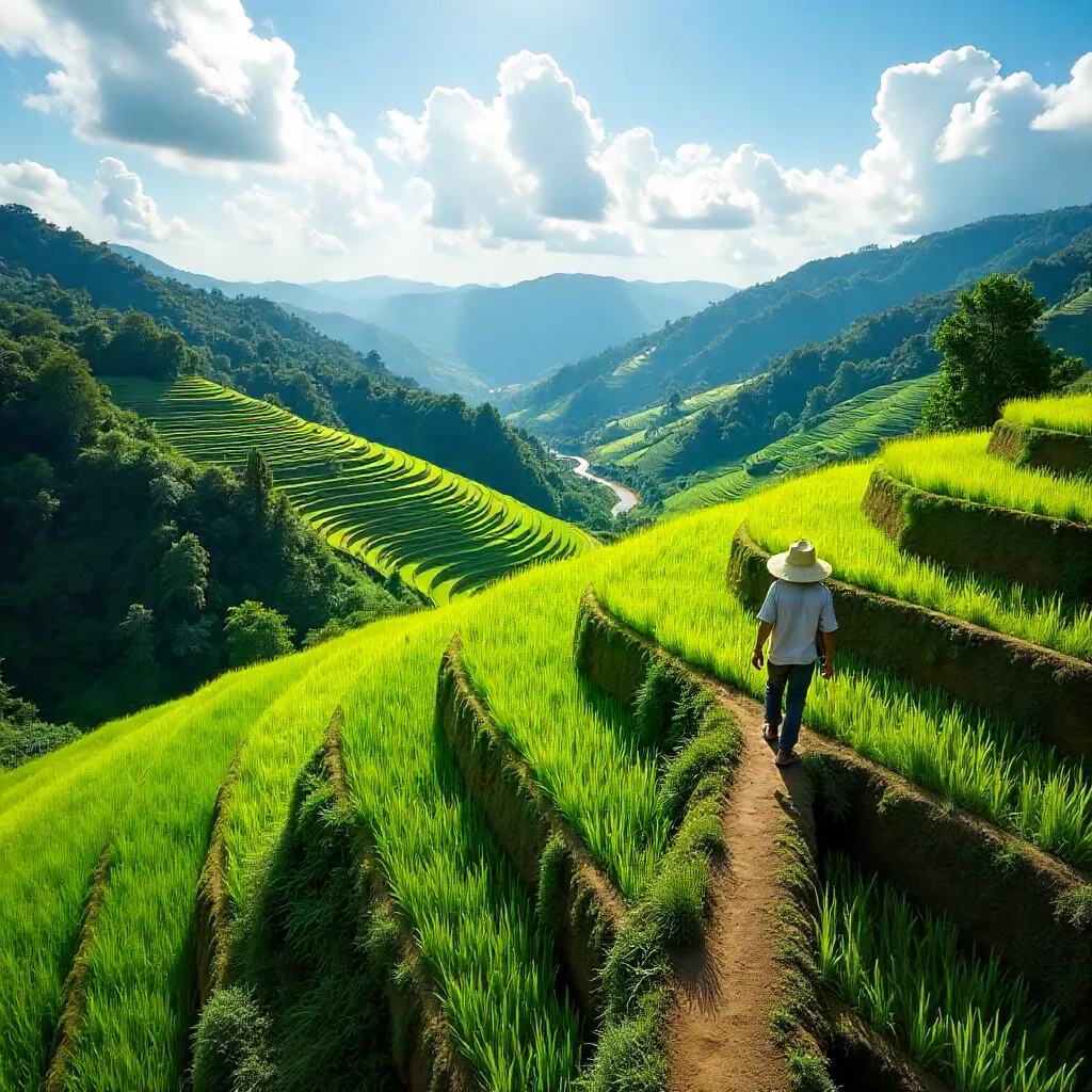 Aerial Emerald Terraces and Lone Farmer, Bengkulu