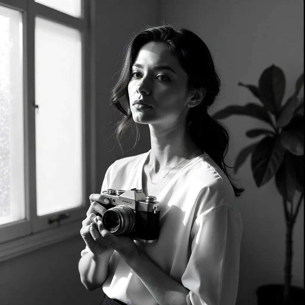 Serene Black-and-White Portrait with a Camera