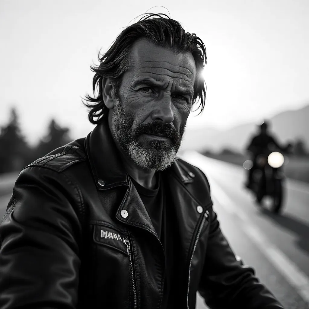 Black and White Biker Portrait in Yamaha Jacket Outdoors