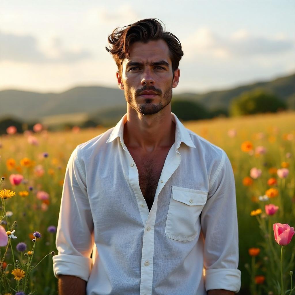 Handsome Man in a Photorealistic Flower Field