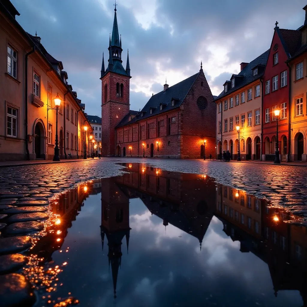 Dusk Reflection: Tallinn Town Hall in a Puddle