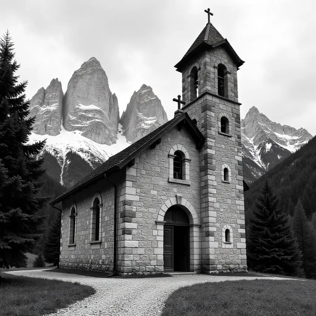 Monochrome Church Against Alpine South Tyrol Peaks