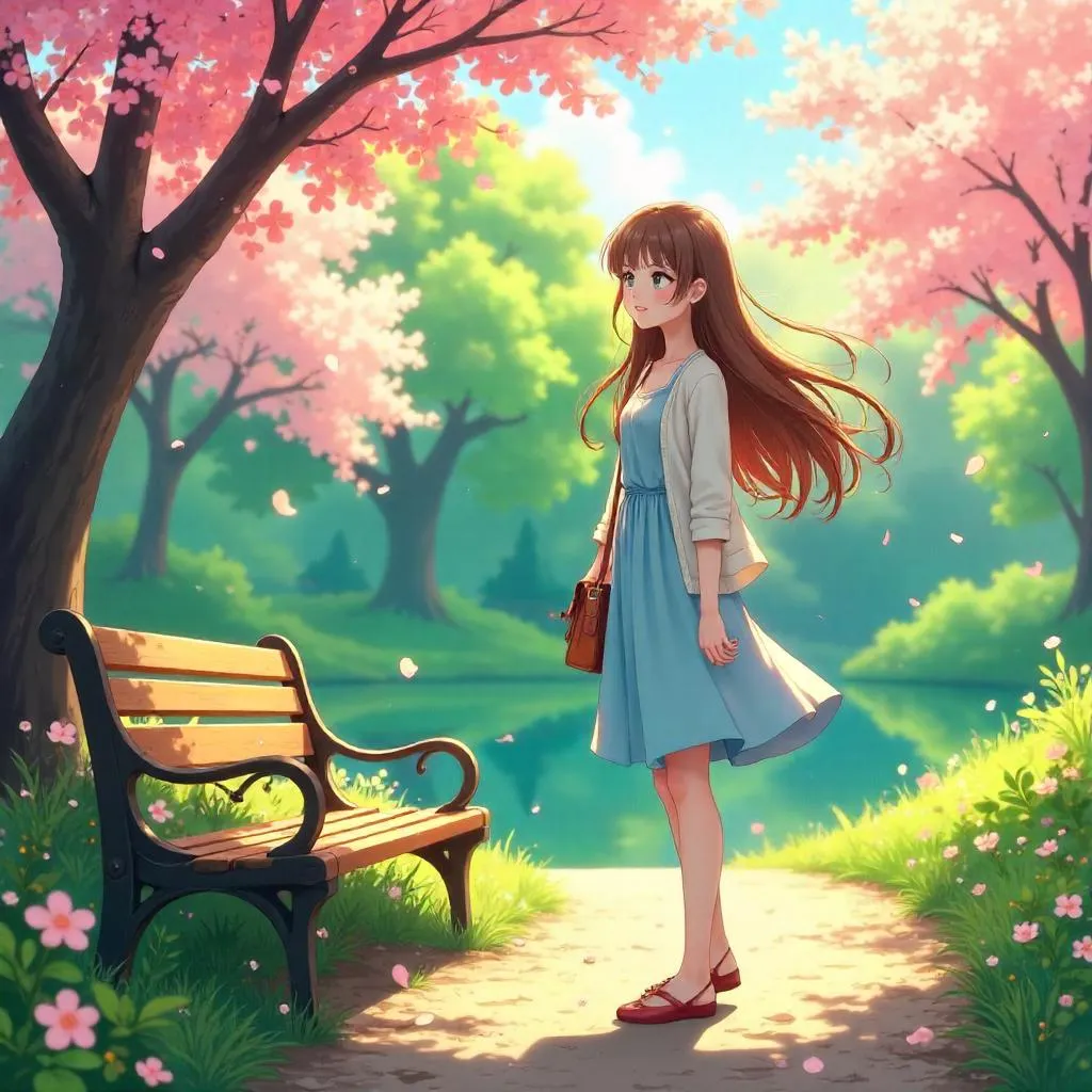 Sunlit Anime Park Portrait of a Young Woman