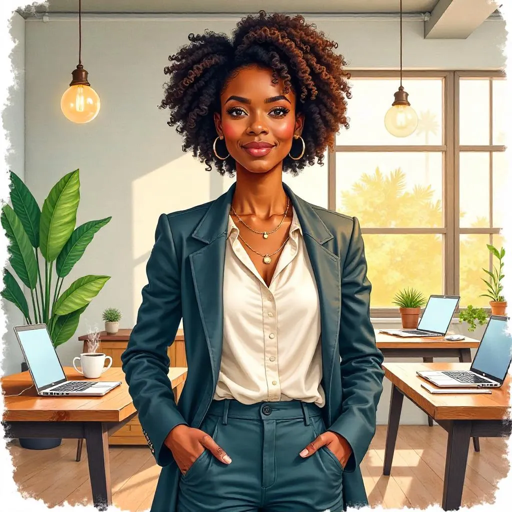 Confident Black Woman in Watercolor Coworking Space