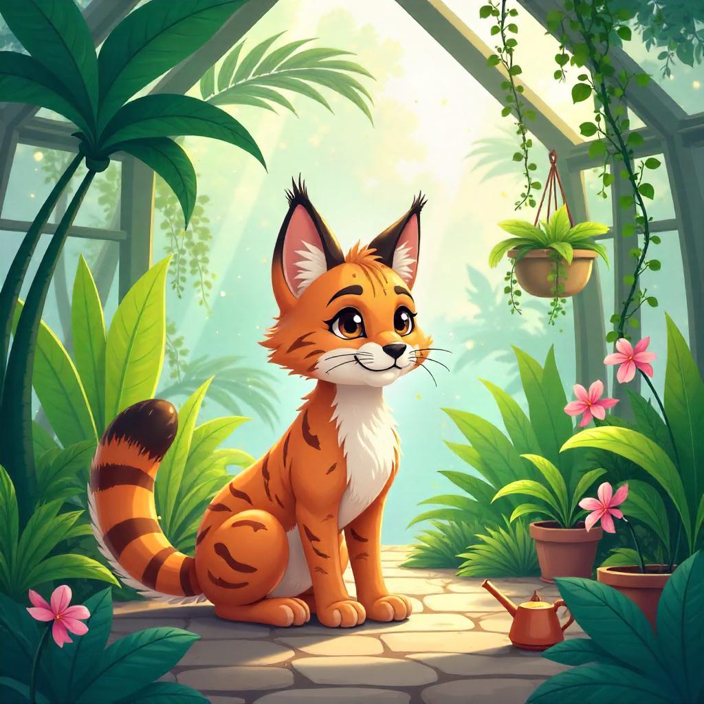 Cartoon Lynx in a Lush Greenhouse