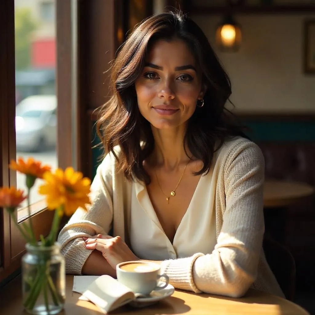 Photorealistic Portrait of a Young Middle Eastern Woman in a Cozy Cafe
