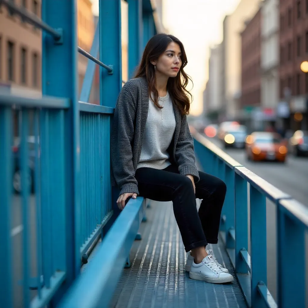 Sitting on a Blue Urban Structure in Neutral Tones
