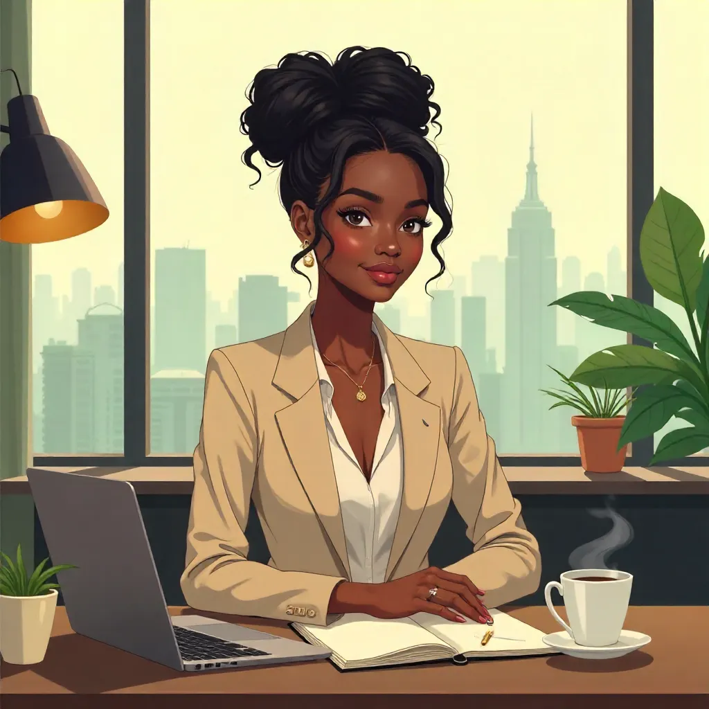 Elegant Black Girl in an Anime Workspace