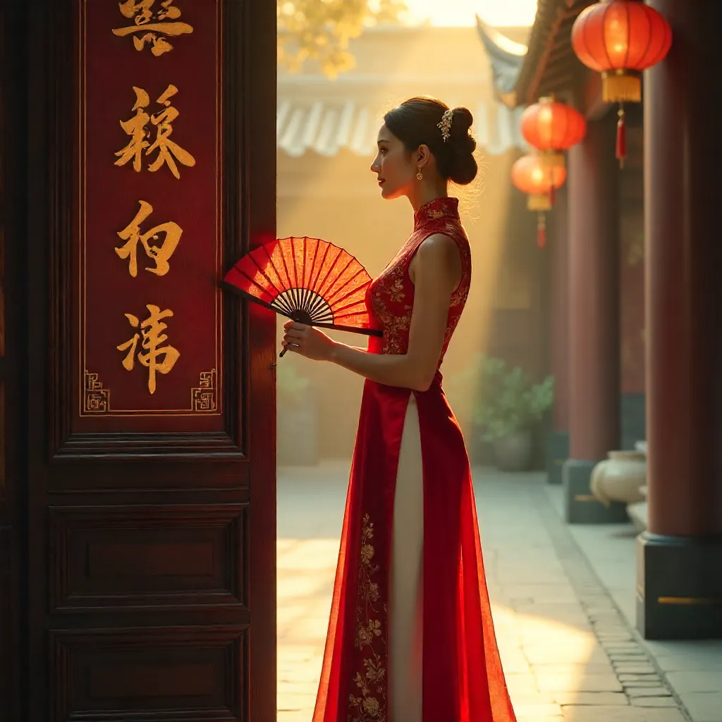 Graceful Red Qipao by Ornate Chinese Signage