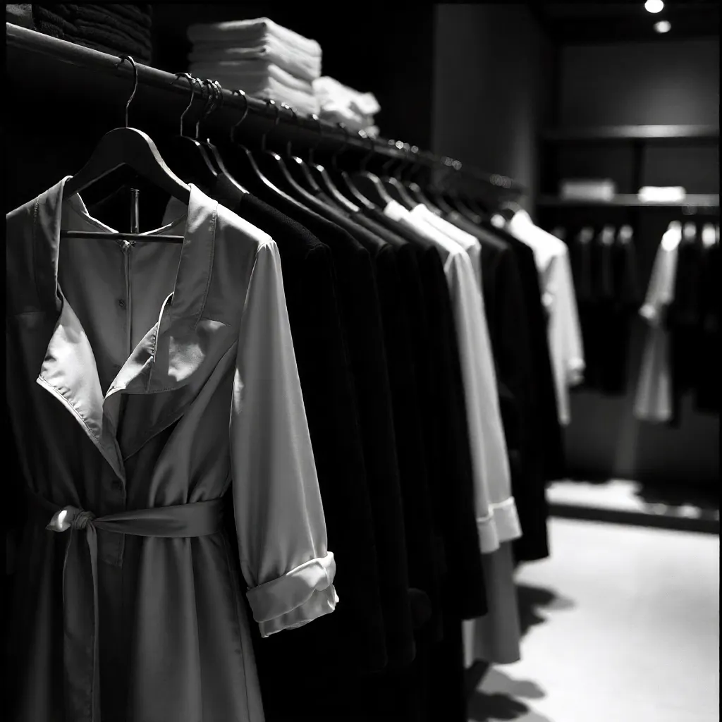 Monochrome Elegance: Clothes on Hangers in Display