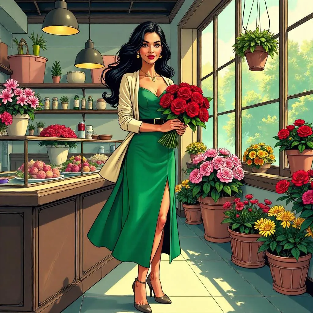 Elegant Latina in a Flower Shop - Comic Style