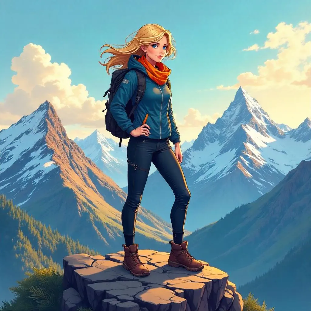 Confident Anime Heroine on Mountain Ridge at Dawn