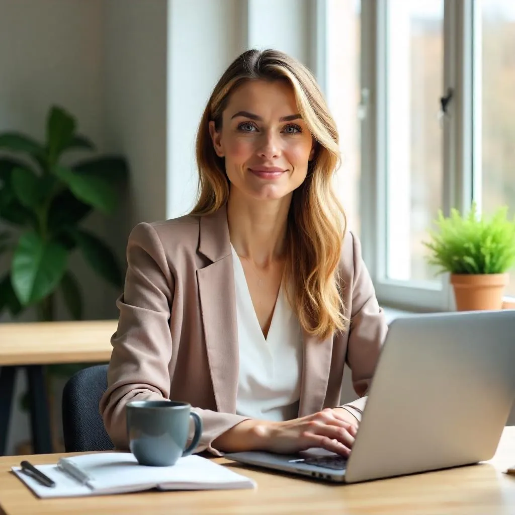 Photorealistic Portrait of a White Woman in a Modern Workspace