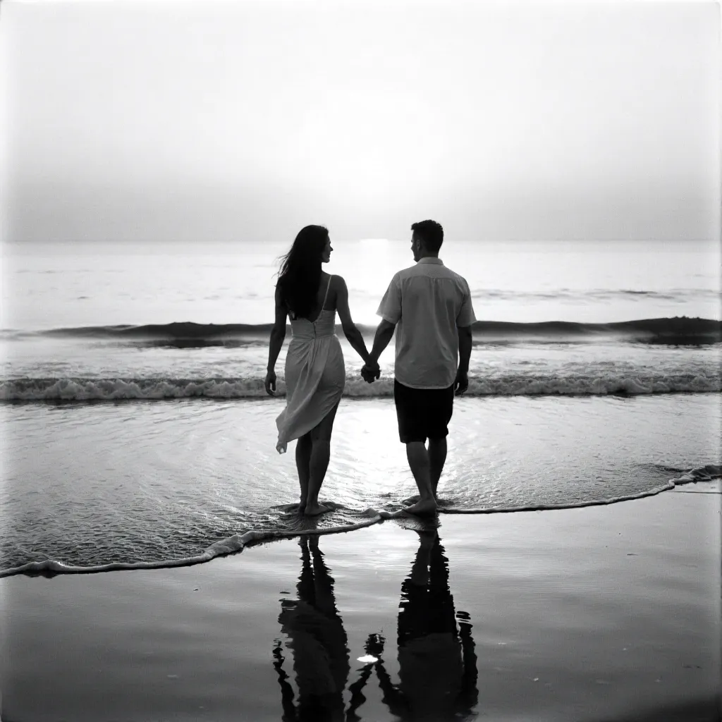 Two Hands on a Serene Beach in Black and White
