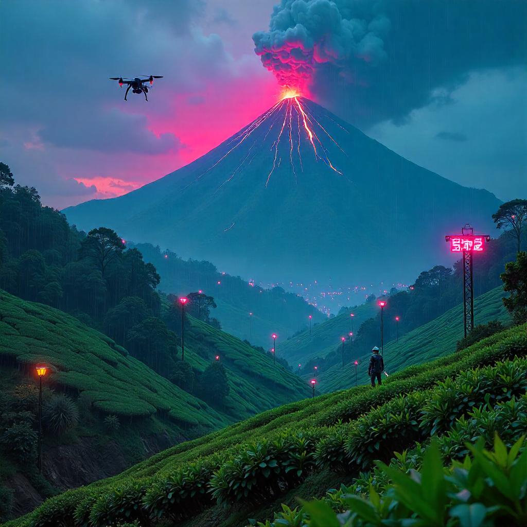 Volcano Night Over Cyberpunk Tea Fields