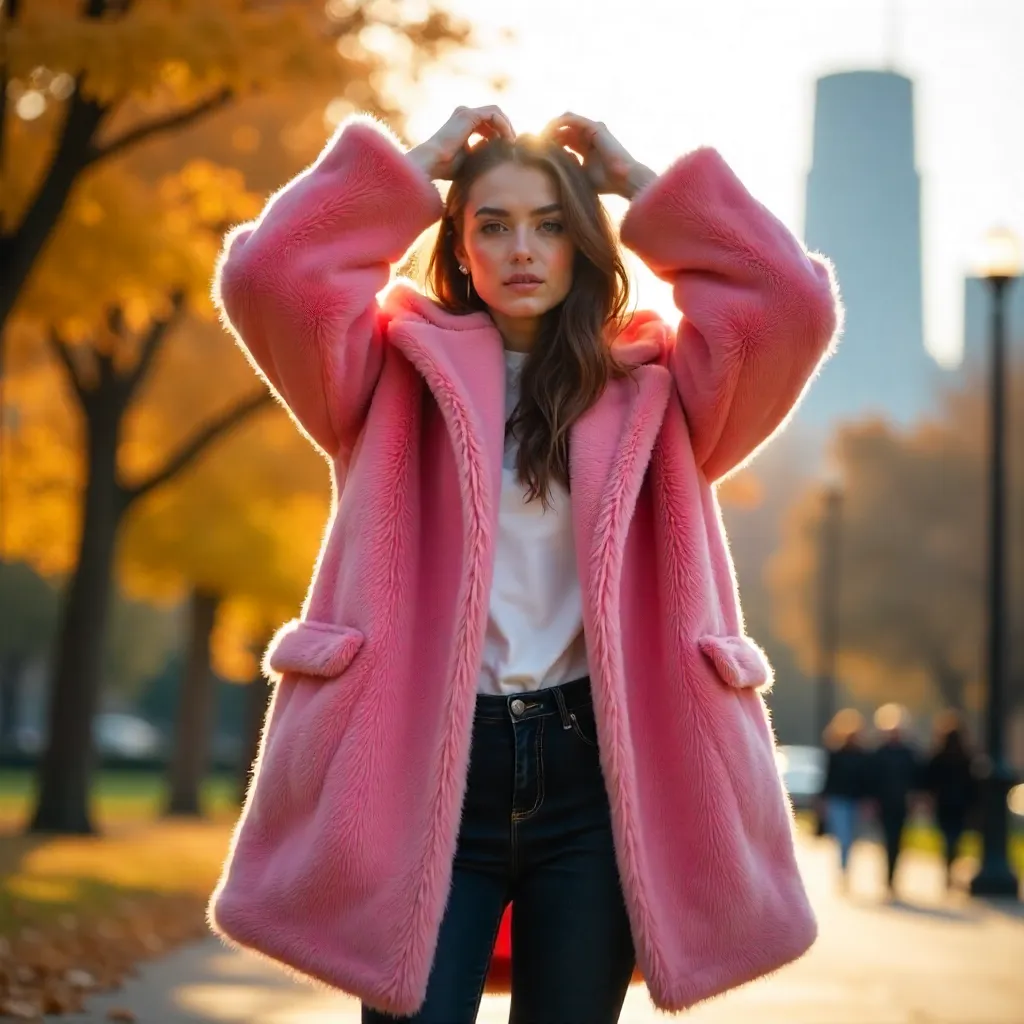 Confident Pose in Fluffy Pink Coat Outdoors