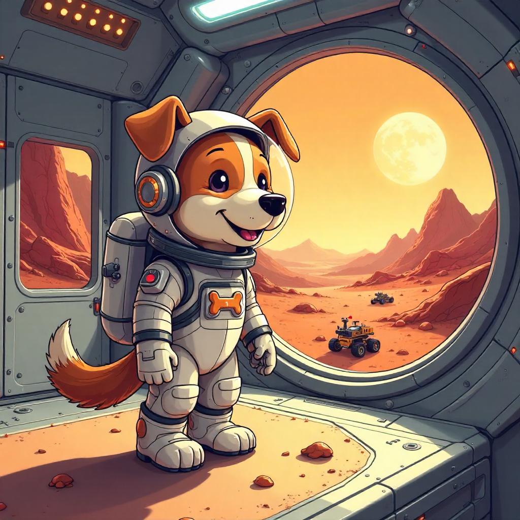 Cartoon Dog Exploring a Mars Base