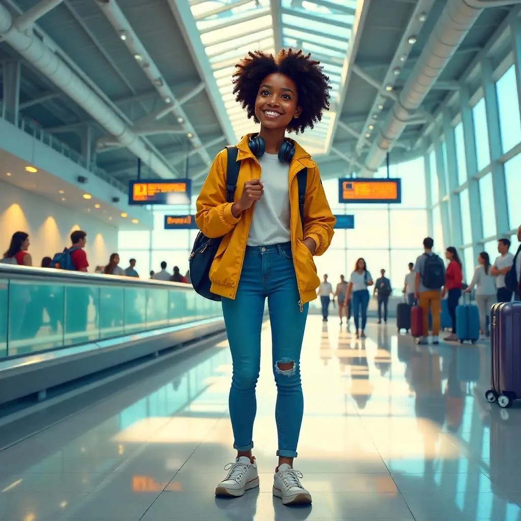 Cheerful Black Girl in a Lively Airport – Digital Art