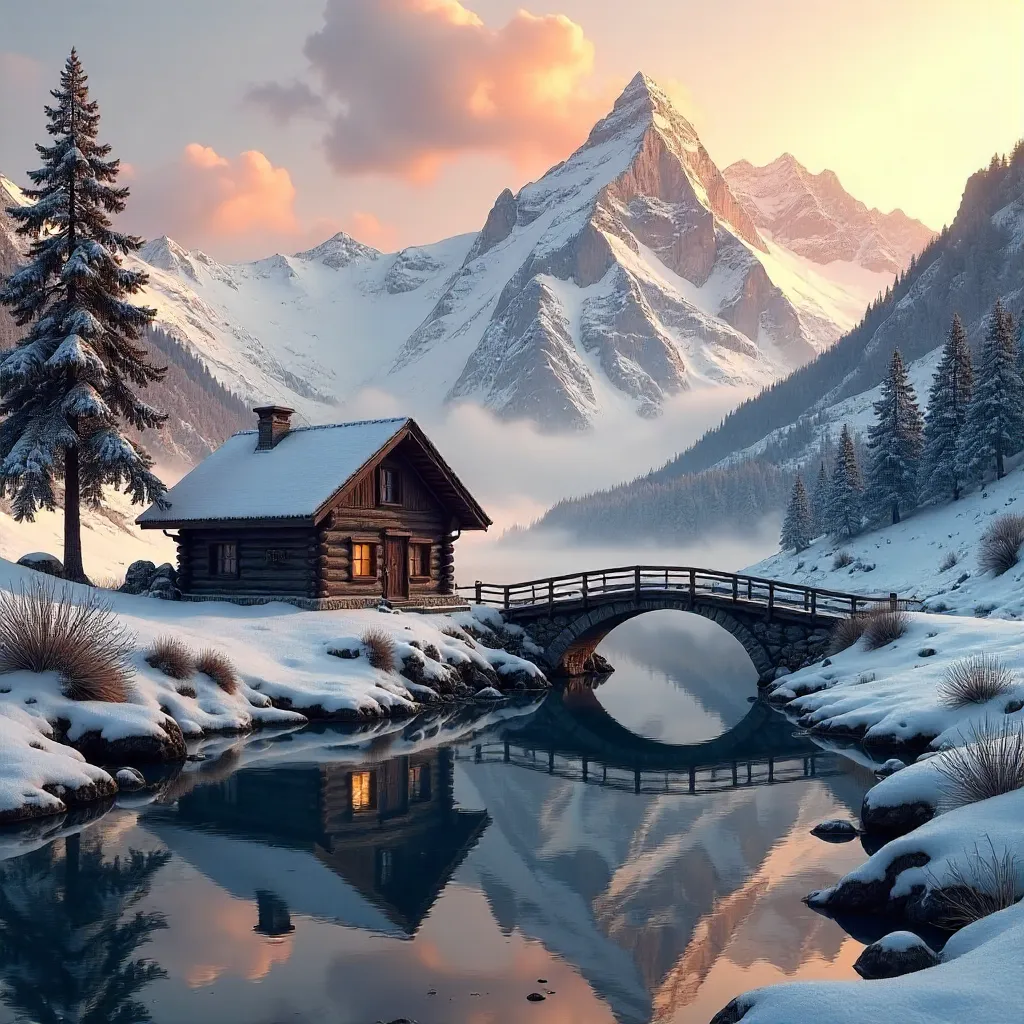 Tranquil Alpine Cottage by a Snowy Bridge