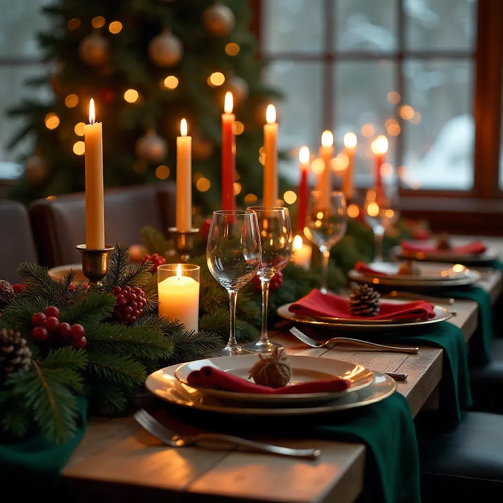 Festive Candlelit Table with Greenery and Red Ribbons