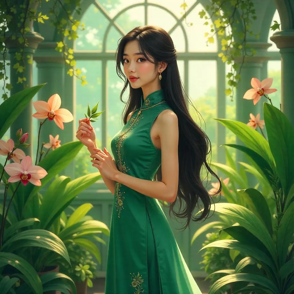 Elegant Asian Woman in a Lush Greenhouse (Anime)