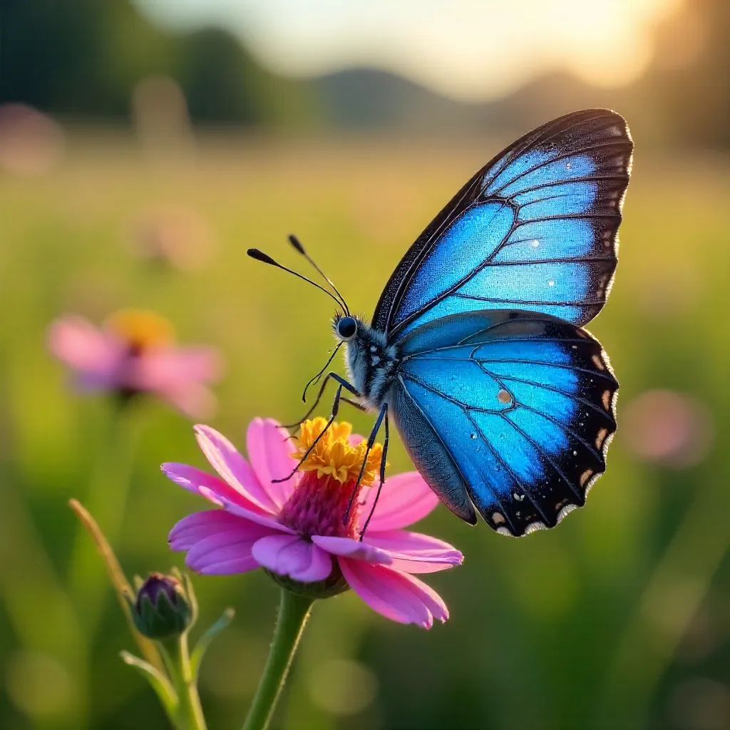 Macro close-up: Blue butterfly on pink wildflower