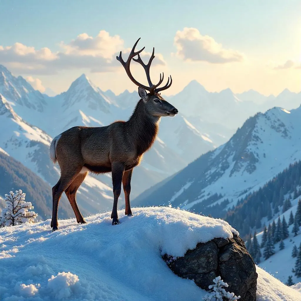 Lone Deer on a Snowy Alpine Summit