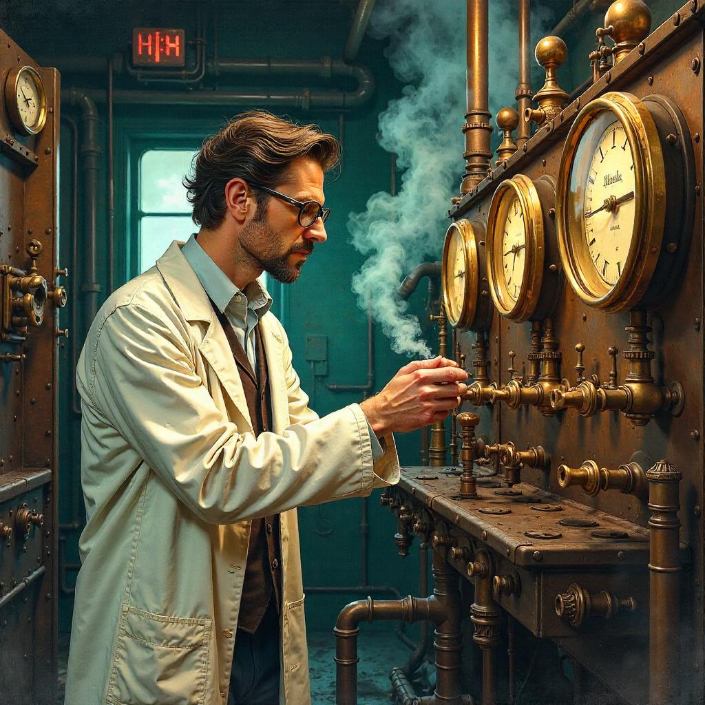 Watercolor Scientist in a Steam Engine
