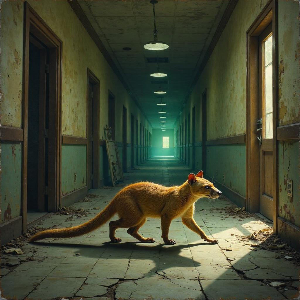 Mongoose Among the Ruins: Abandoned Asylum Oil Painting