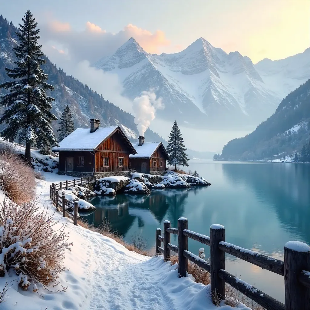 Winter Mist over a Mountain Village by the Lake