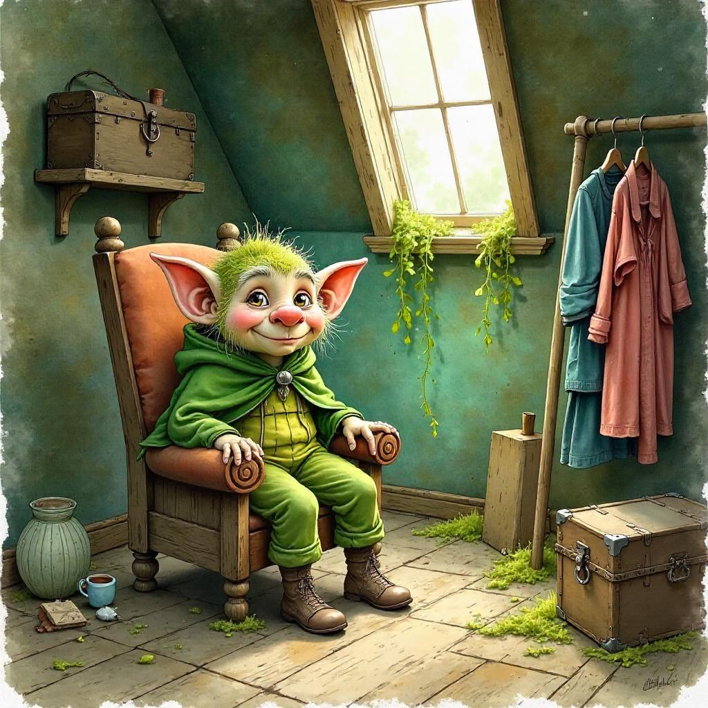 Whimsical Attic Troll in Watercolor Light