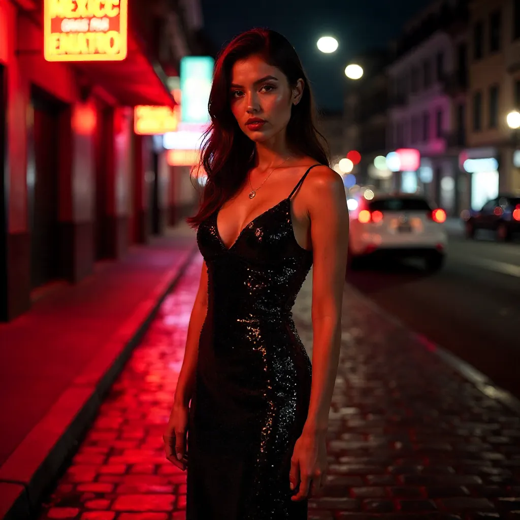 Crimson Glow: Sequin Portrait in Mexico City