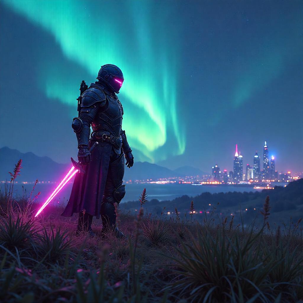 Knight of Neon Armor Beneath the Aurora Fields