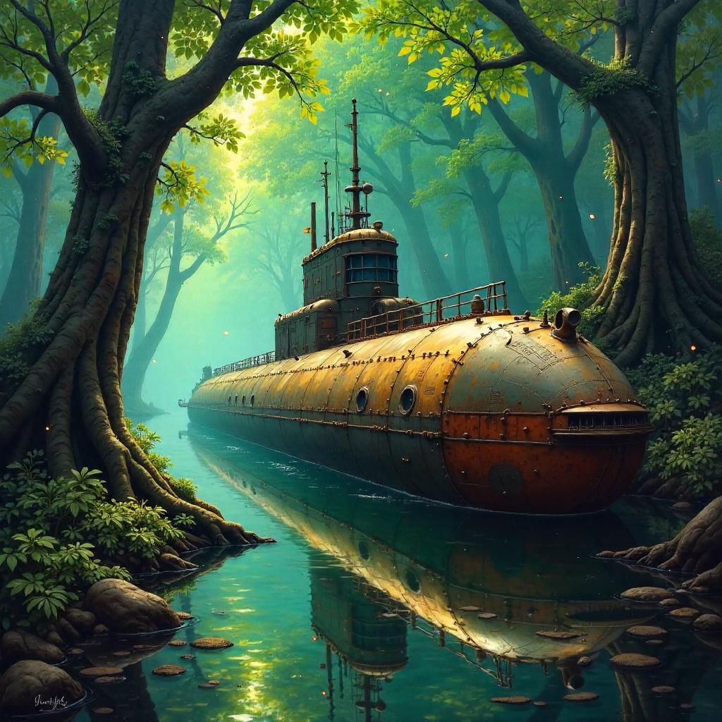 Submarine in the Enchanted Forest - An Oil Painting