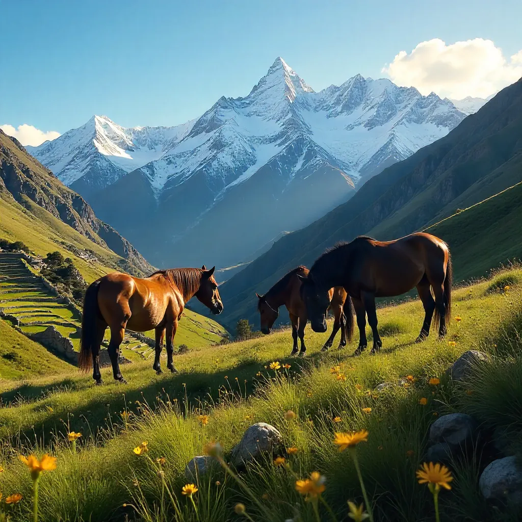 Majestic Horses Grazing in the Andes Near Cusco