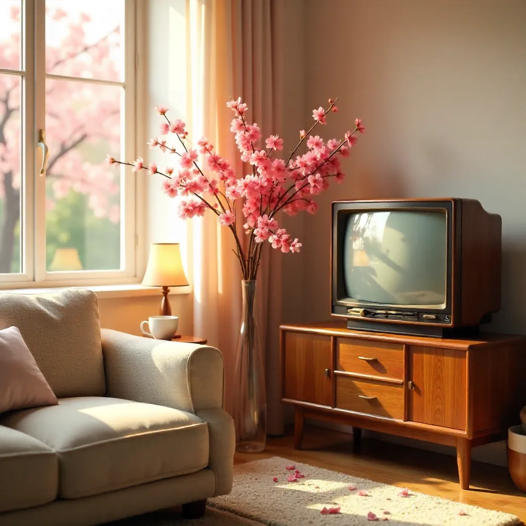 Cozy Retro TV Nook with Cherry Blossoms