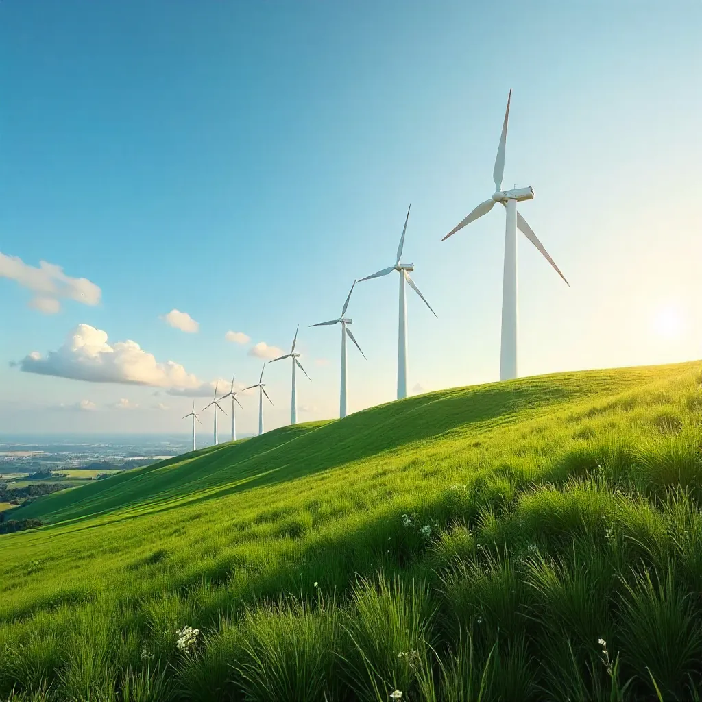 Row of Tall Wind Turbines on a Green Hill