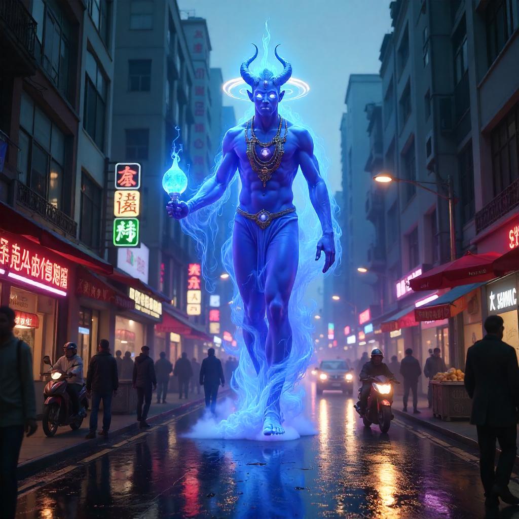 3D Rendered Djinn in a Bustling City Street