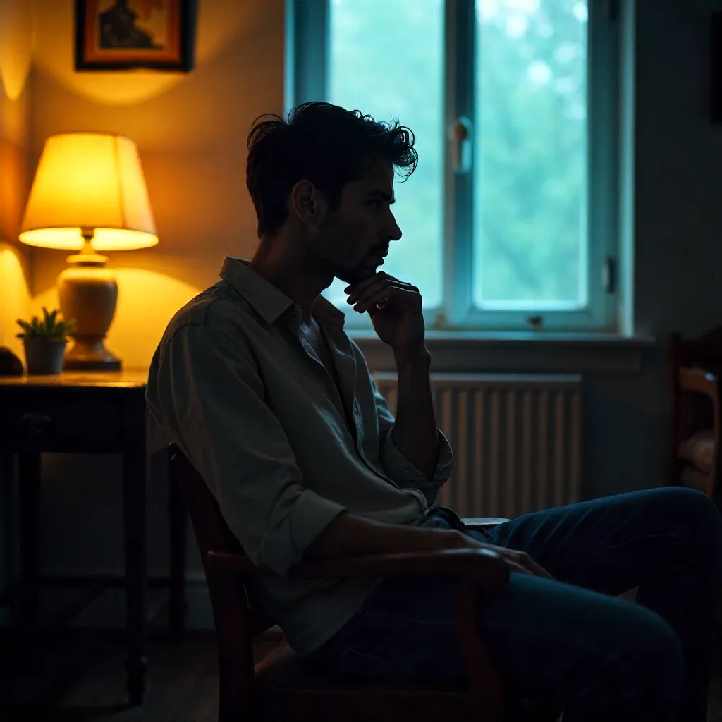 Contemplative Young Man in Moody Indoor Lighting
