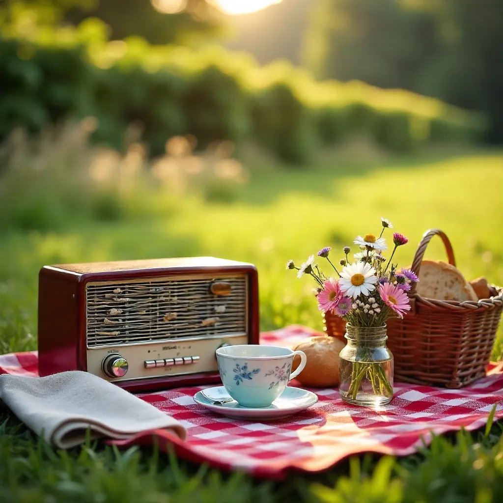 Vintage Picnic: Radio, Tea Cup, and Wildflowers