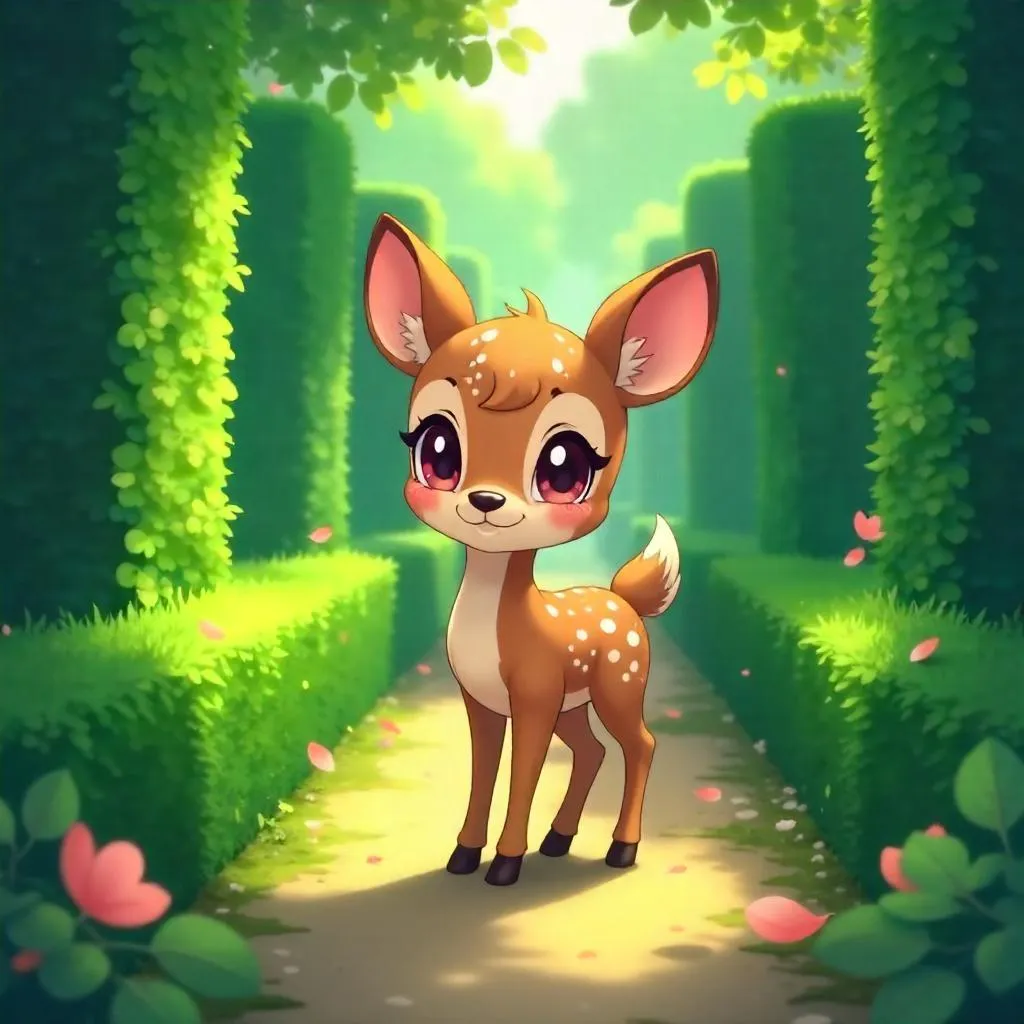 An anime deer in a sunlit hedge maze