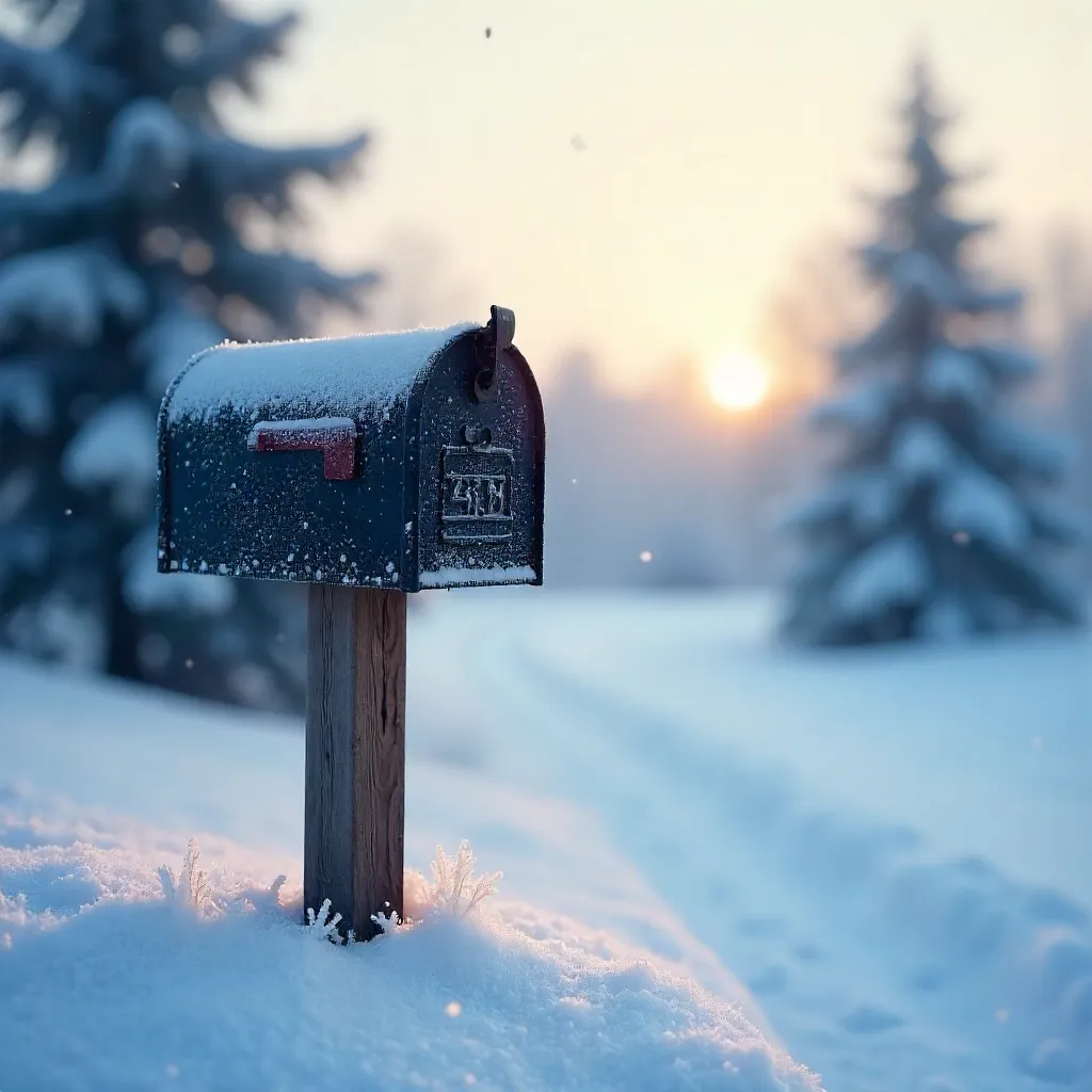 Serene Winter Tranquility: Frosty Mailbox at Dawn