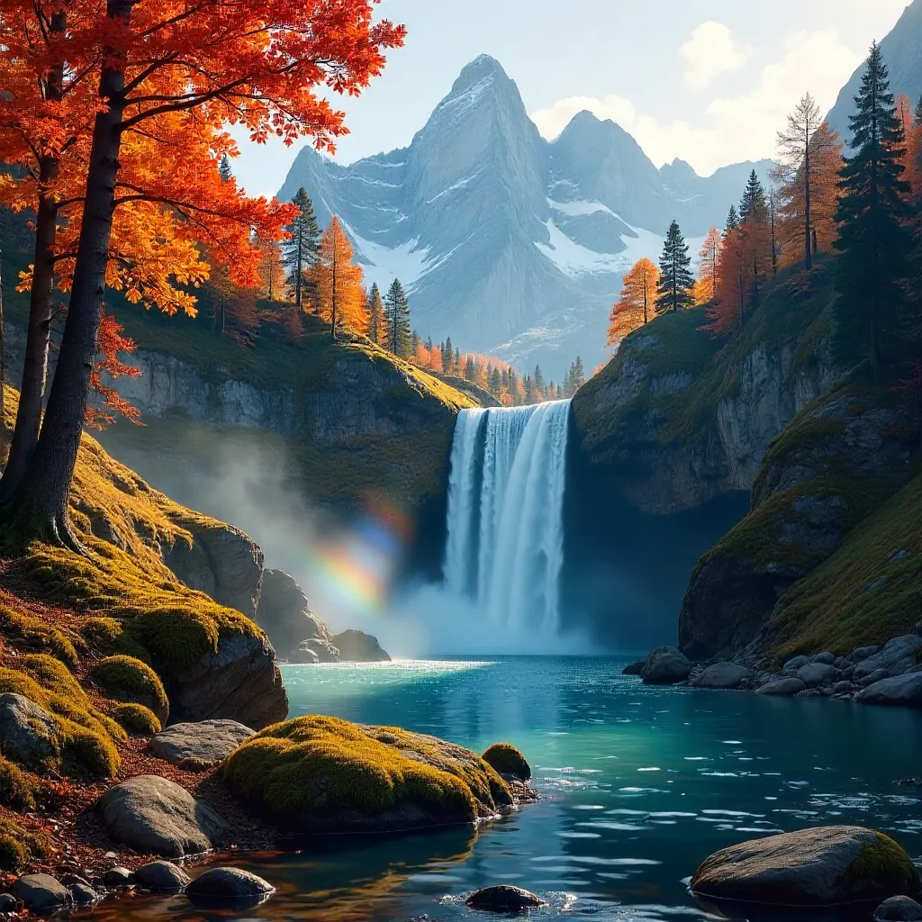Autumn Alpine Waterfall in a Vibrant Forest