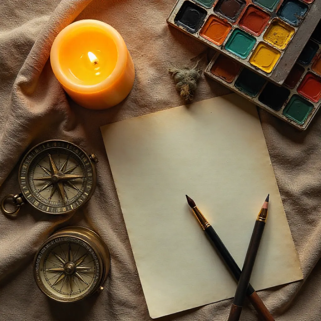 Warm Flat Lay: Candle, Compass, Photos & Art Supplies