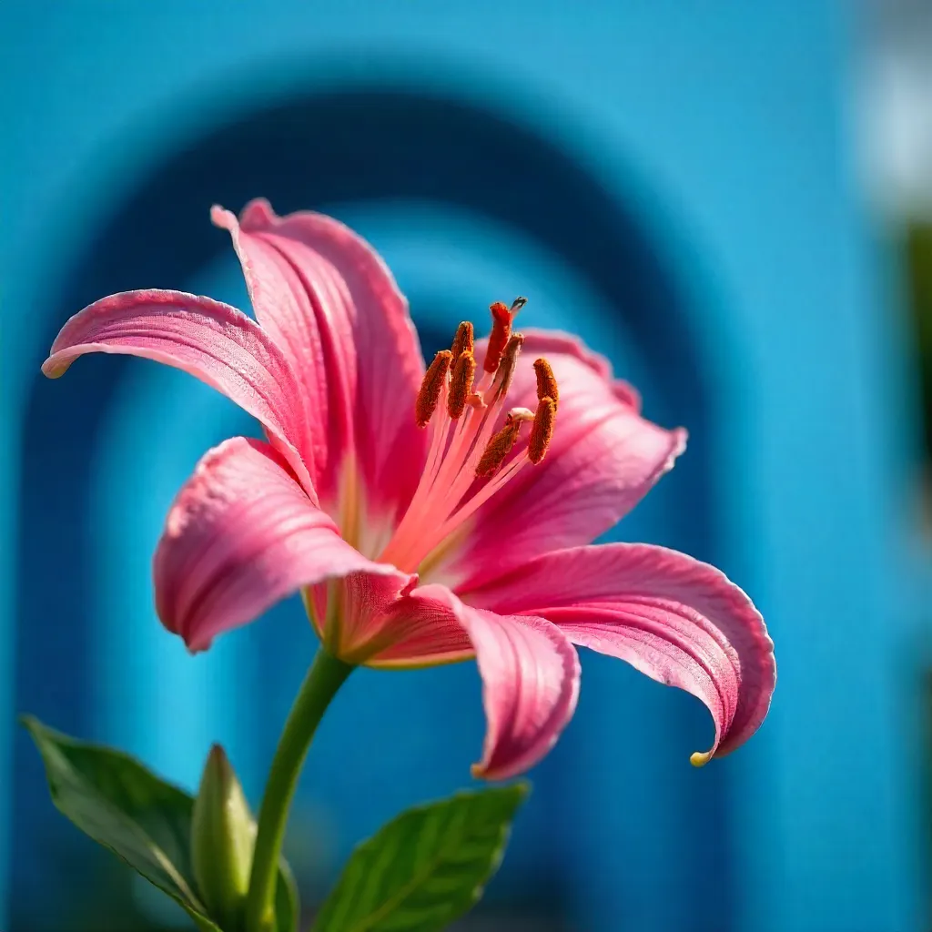 Macro Pink Lily with a Bright Blue Arch Backdrop