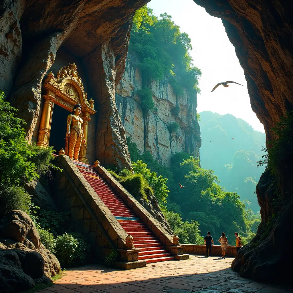Sunlit Batu Caves Temple Amid Greenery and Cliffs