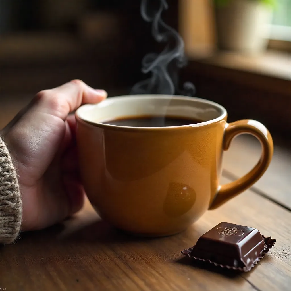 Warm Coffee in Hand with Chocolate Wrapper