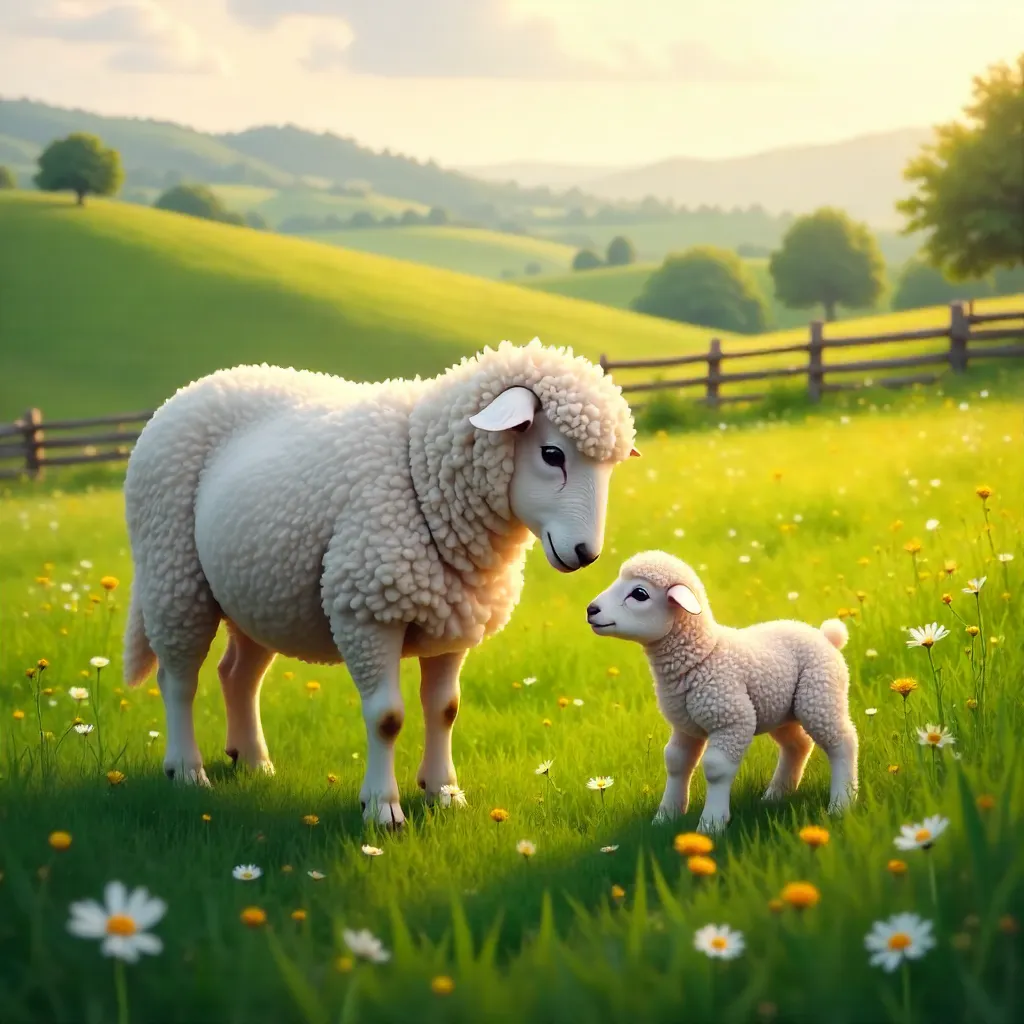 Nurturing Mother Sheep and Lamb in Verdant Meadow
